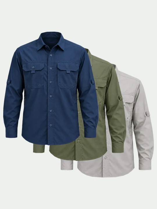Camisas tipo Columbia en azul marino, verde olivo y gris